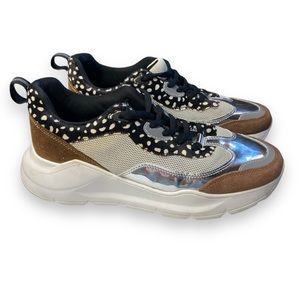 Women’s ALL BLACK‎ Footwear brown suede, silver, and animal print sneaker